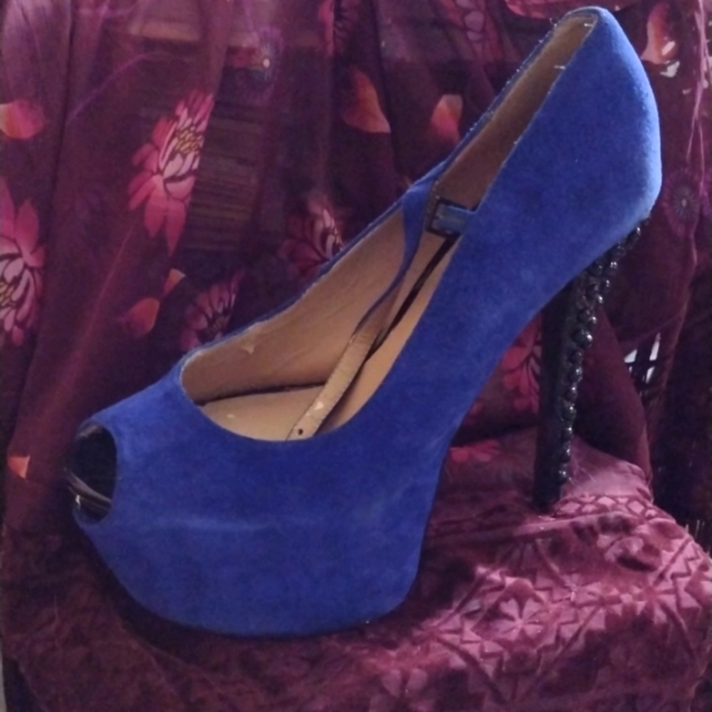 Betsey Johnson Blue Suede with black spike heels